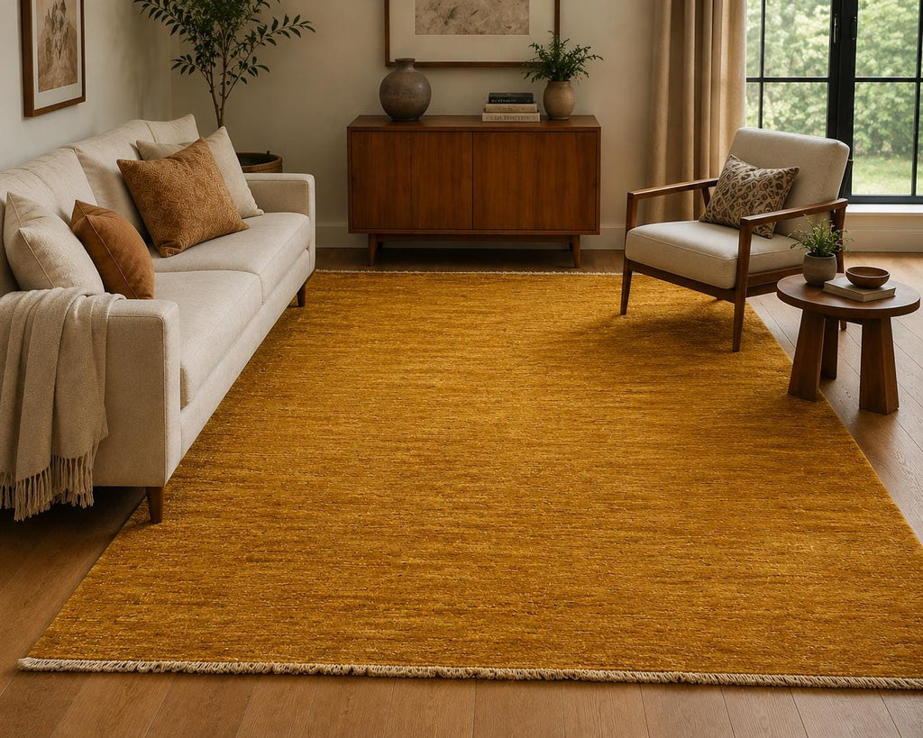 Hand Knotted Wool Gabbeh Rug, Mustard Gold Area Rug, Modern Persian soft Carpet, Solid saffron Color Wool Rug, Contemporary Handmade Rug