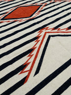 black white and orange  aztec wool  Rug - striped wool kilim,  100%wool rug , 8x10 black and cream rug,