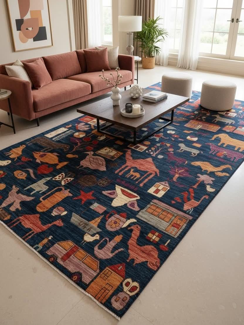 Hand-Knotted Gabbeh Wool Rug – Pictorial Nomadic Folk Art Design, Blue