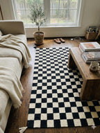 Checkered  Black Geometrical kilim rug, black and cream runner rug,