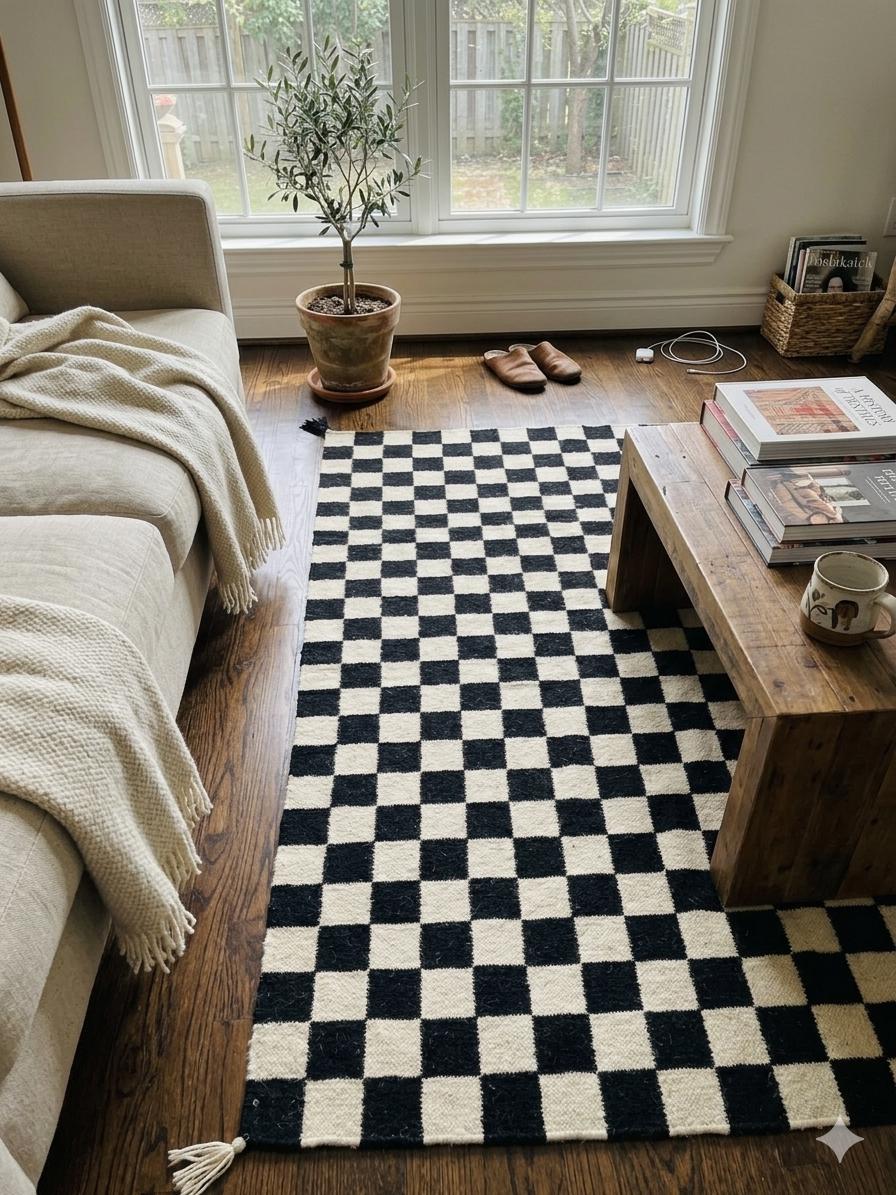 Checkered  Black Geometrical kilim rug, black and cream runner rug,