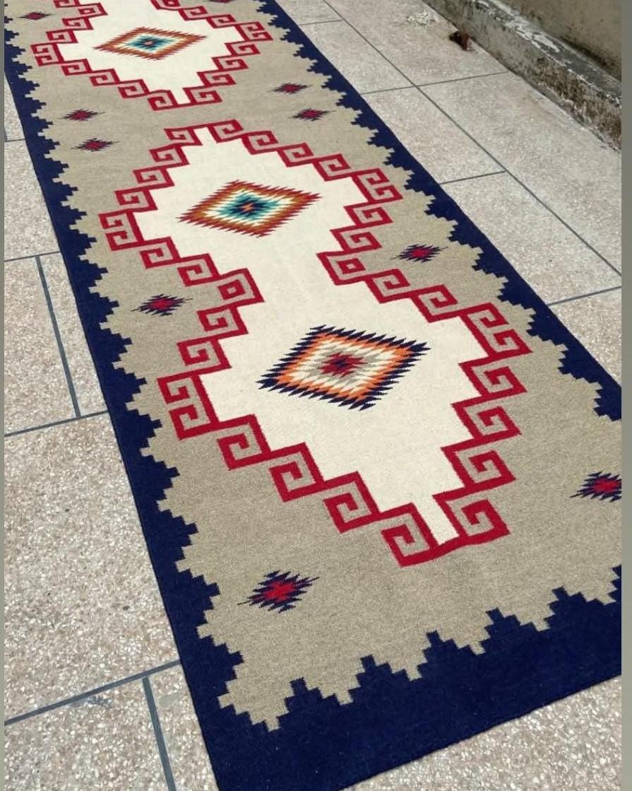 3x18 Handmade Blue Grey Navajo Runner|Handwoven Southwestern Hallway Runner|Handcrafted Wool Stair Runner |All Sizes Custom Kilim Runner Rug