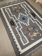 Grey Navajo Kilim Rug, Handwoven Wool Rug, Southwestern Tribal Flatweave Area Rug, Neutral Boho Western Decor, Custom Size Geometric Carpet