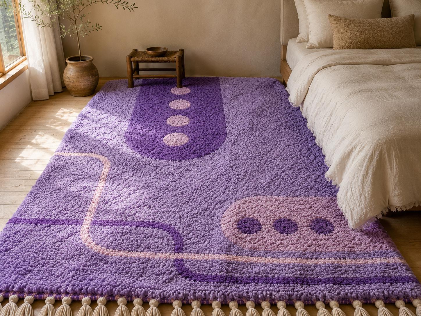 Hand-Knotted Lavender Wool Azilal Rug, Boho Abstract Area Rug, thick pile shaggy moroccan rug, purple soft rug