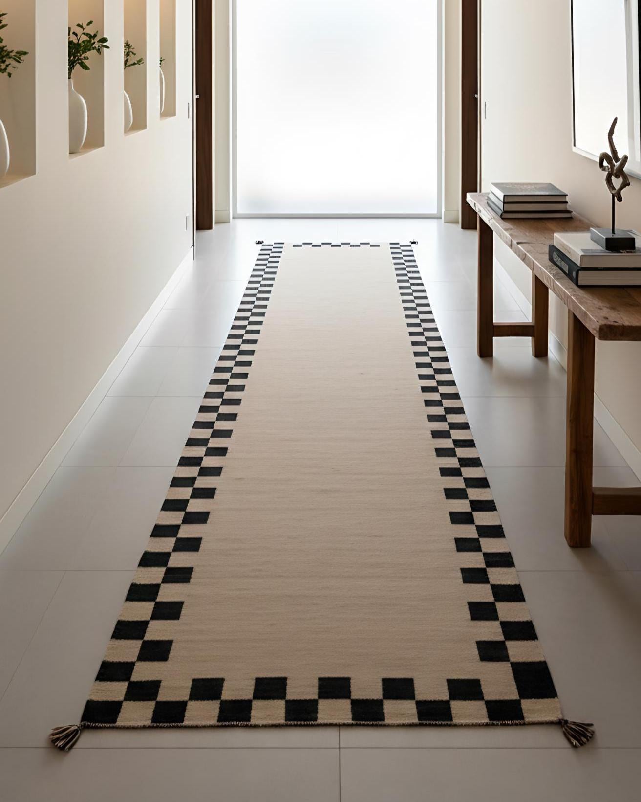 beige Scandinavian Wool Runner Rug – Minimal Geometric Kilim Carpet for Hallway, Corridor & Entryway,
