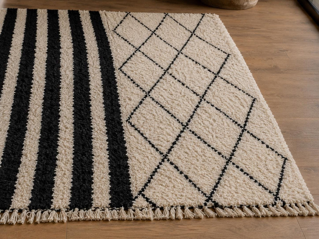 Hand-Knotted Beni Ourain Moroccan Wool Rug – Geometric Berber Design, Black & Cream