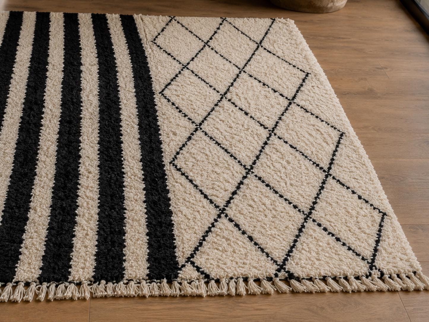 Beni Ourain Rug | Hand-Knotted Moroccan Wool Carpet, Black Cream Geometric Design