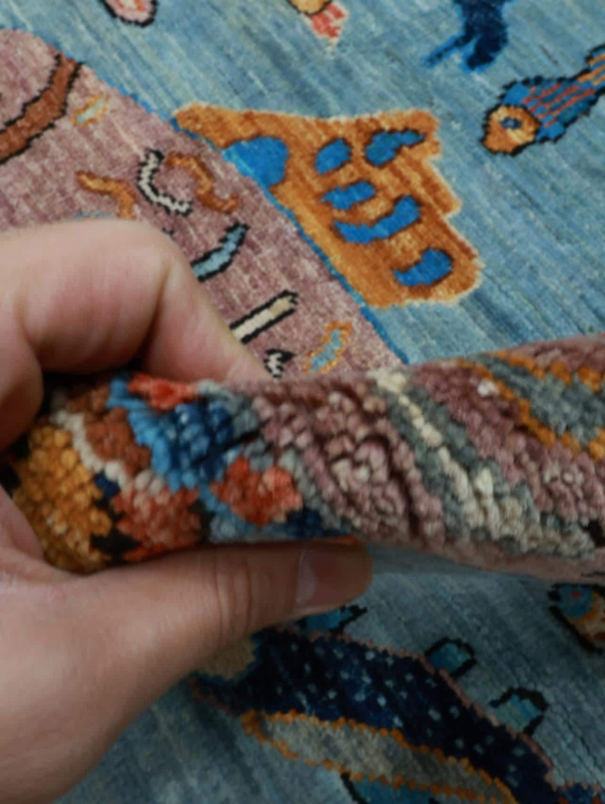 Hand-Knotted Gabbeh Wool Rug – Pictorial Ocean Life Tribal Design, Blue