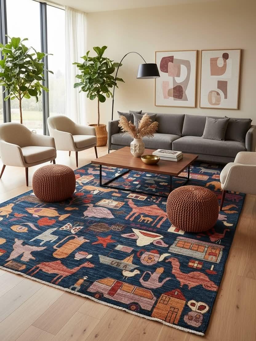 Hand-Knotted Gabbeh Wool Rug – Pictorial Nomadic Folk Art Design, Blue