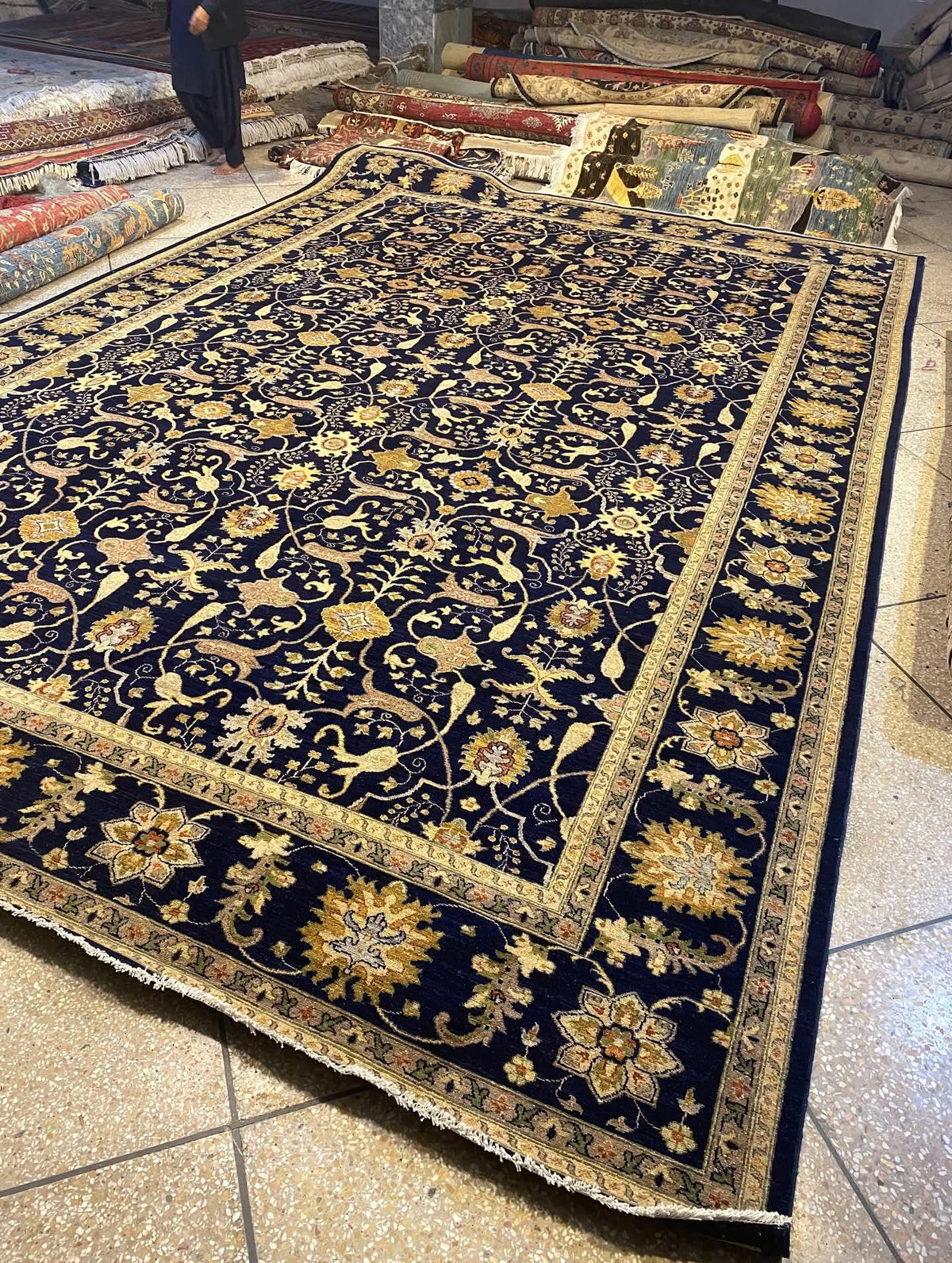 Hand-Knotted Ziegler Chobi Wool Rug – Traditional Floral Bordered Design, Black & Cream