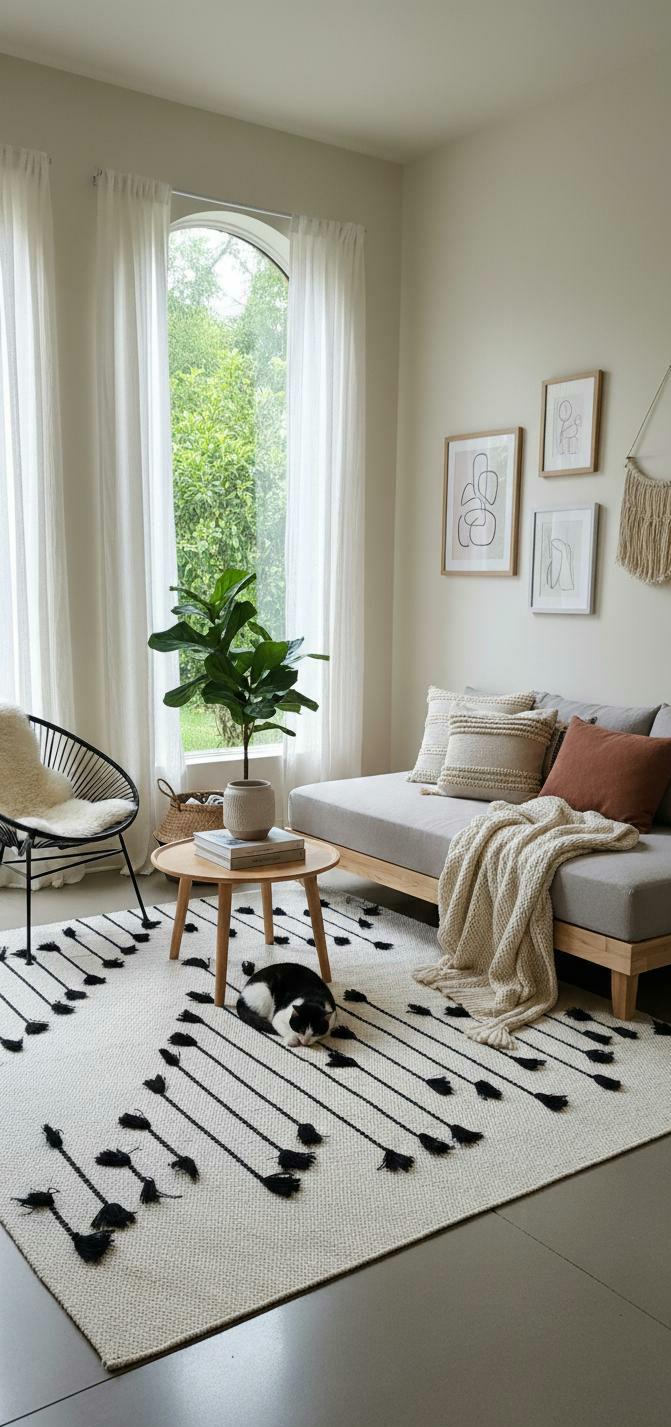Handwoven Cotton Area Rug with Tassels, Boho Chic, Black and White Rug