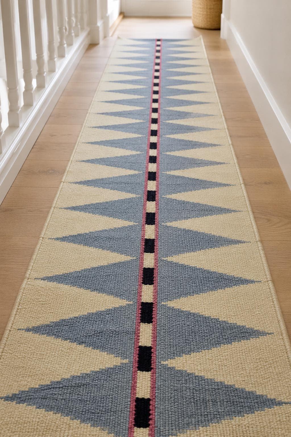 sky blue Kilim Stair Runner | Handmade Wool Stair Carpet | Blue Geometric Runner Rug