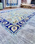 Hand Knotted Grey blue  Oushak Rug, Blue Border Wool Rug, Vintage Floral Area Rug, Neutral Handmade Living Room Carpet