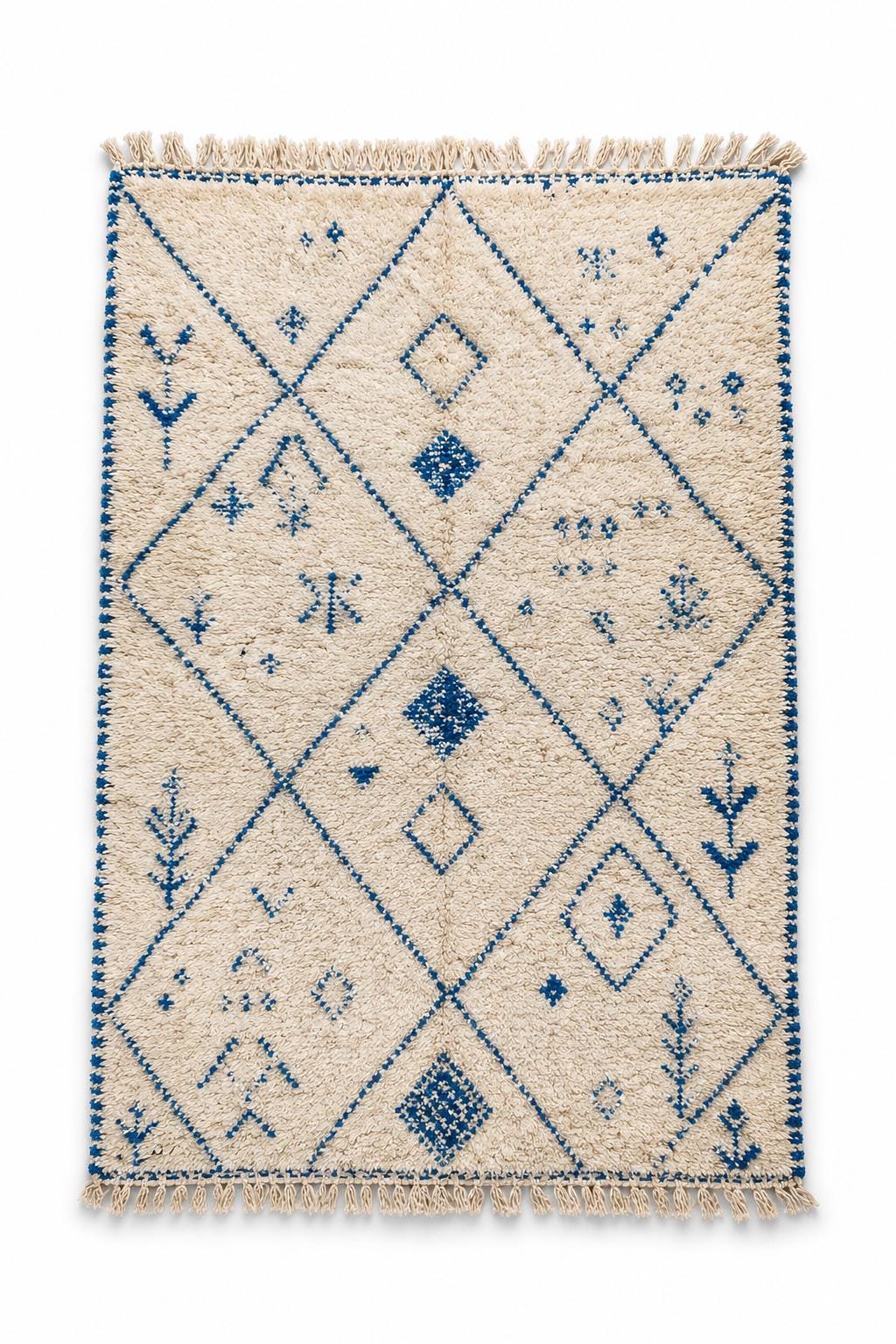 ivory and Blue hand knotted wool Rug | Handmade Wool Berber Carpet | Boho Area Rug | Beni Ourain Style, vintage inspired soft rug,