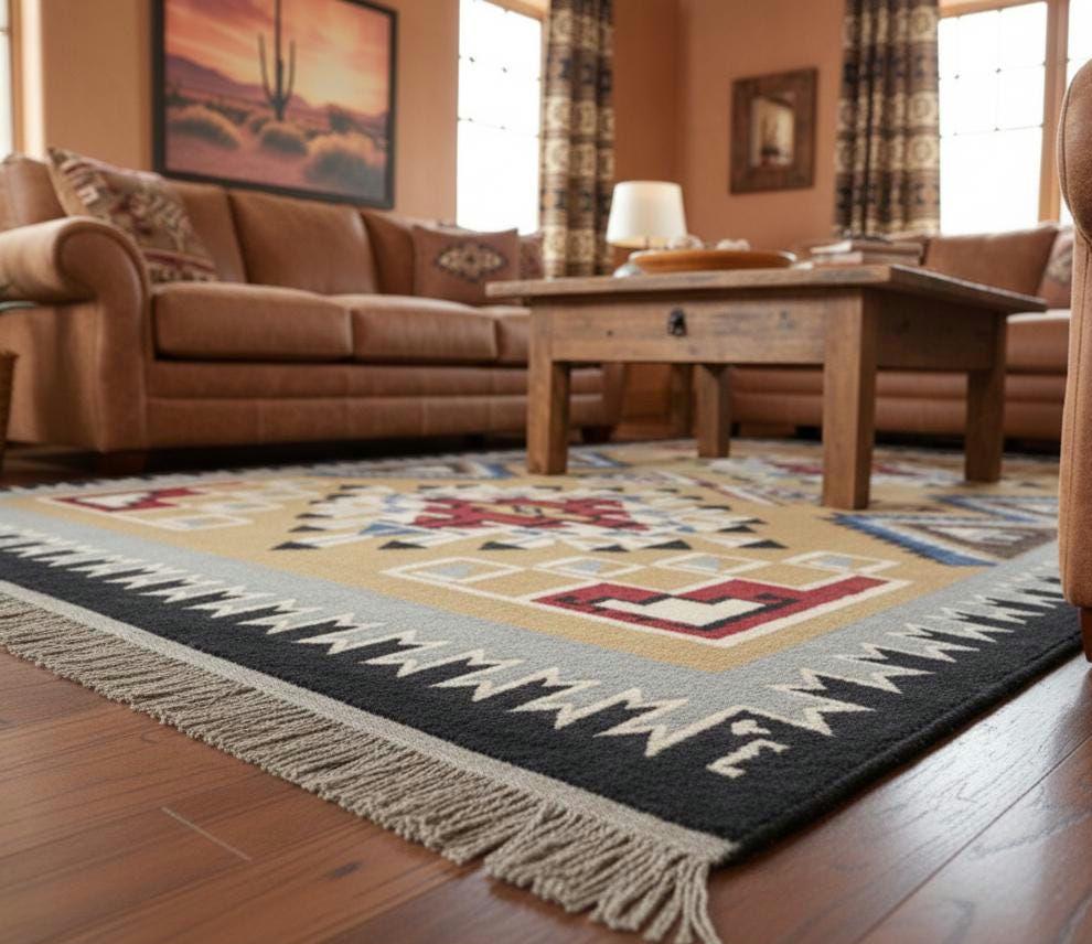 10x12 Handmade Yellow Navajo Kilim | Handwoven Southwestern Wool Rug| Native American Oversized Rug|Handcrafted Tribal Flatweave Area Carpet