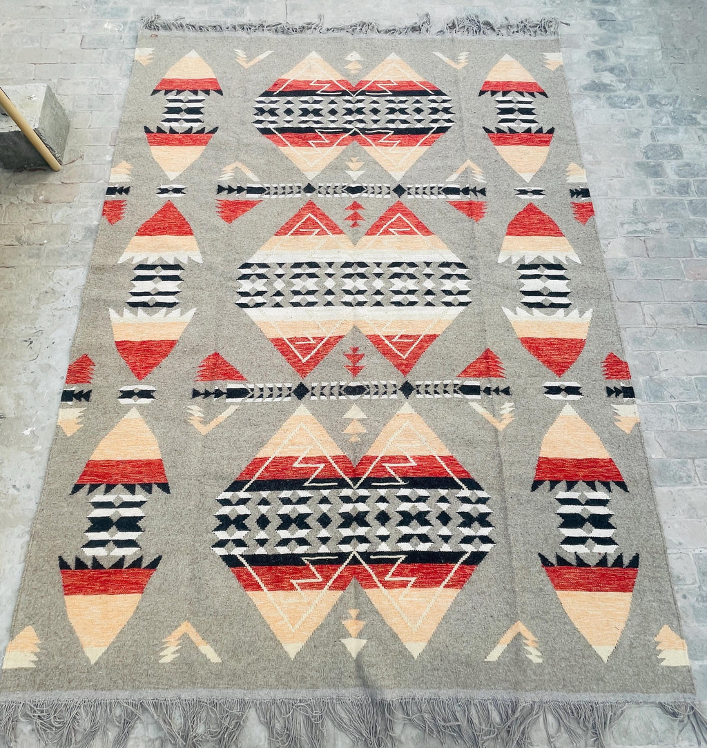 Beige and red  aztec wool  Rug, Southwestern Native American Style Rug-   wool are kilim, 8x10 grey rug,
