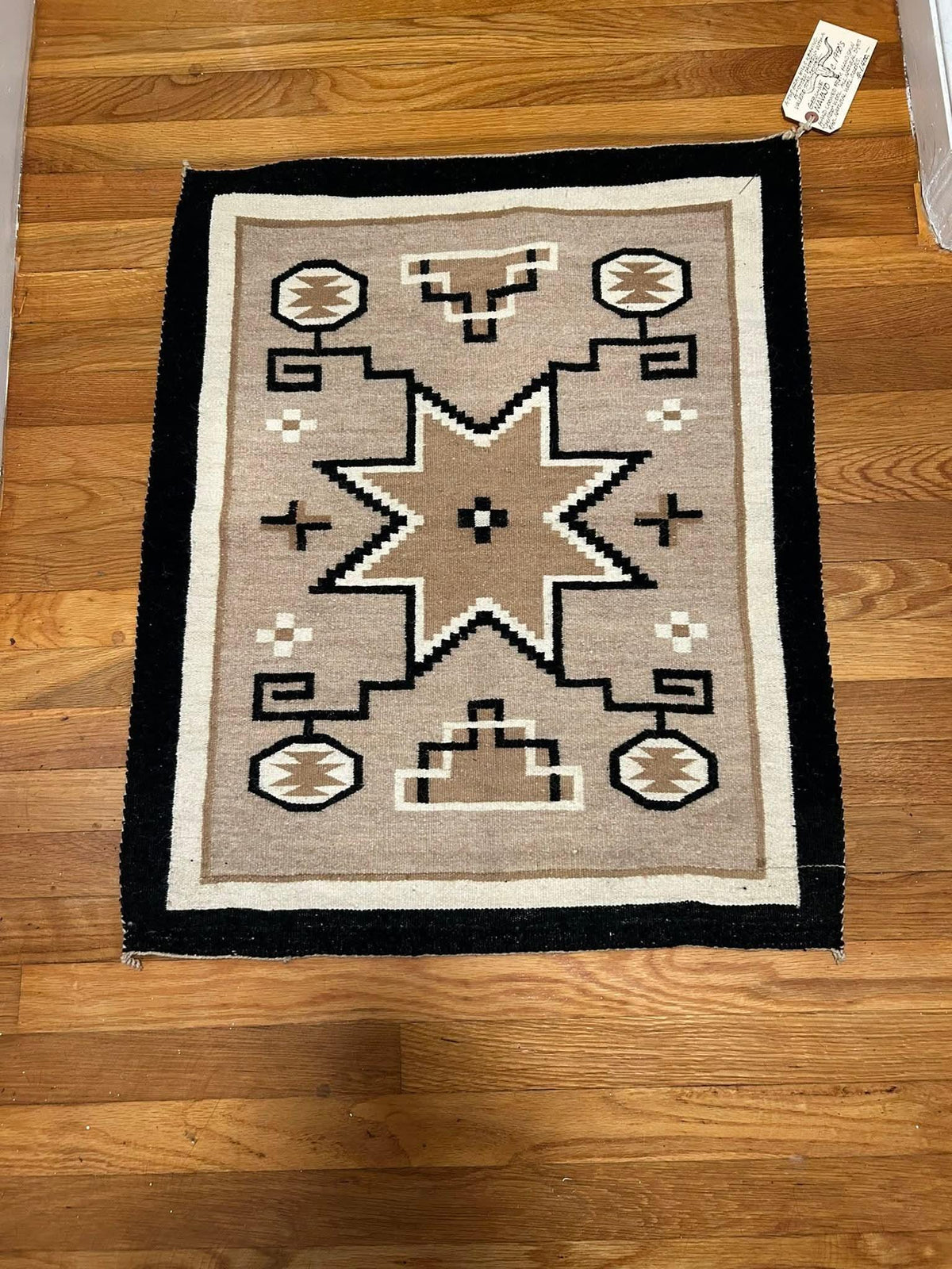 Handwoven Navajo-Style Wool Rug – Southwestern Boho Geometric Design, Earthy Beige & Black
