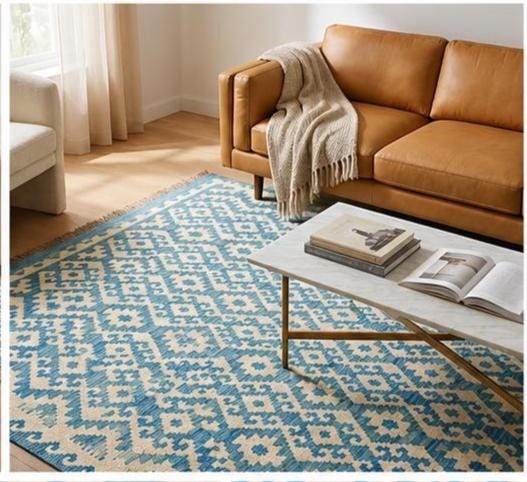 Handwoven Blue Ivory Wool Kilim Rug, Large Boho Tribal Flatweave Area Rug, blue kilim