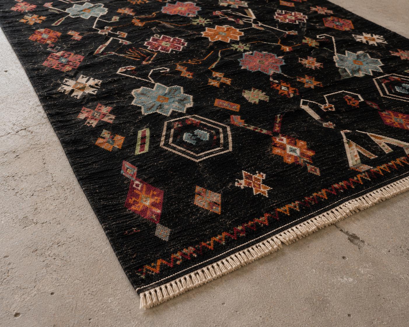 Handwoven Black Wool Kilim Rug, Reversible Flatweave Rug, Tribal Geometric Area Rug, Southwestern Kilim Carpet, Handmade Boho Decor Rug,