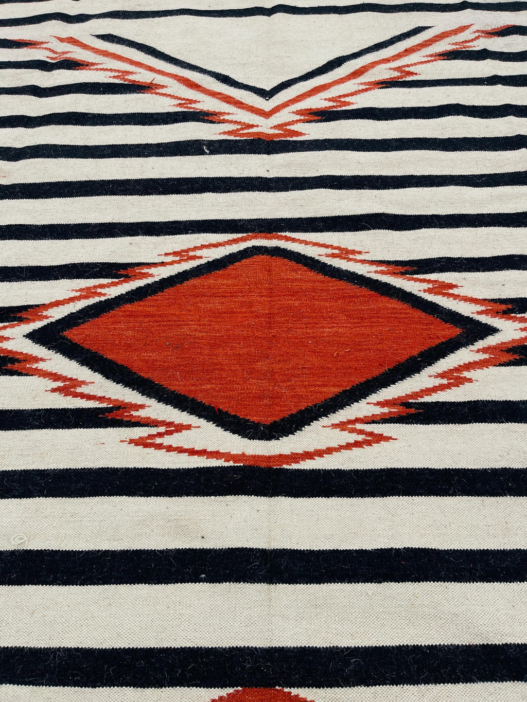 black white and orange  aztec wool  Rug - striped wool kilim,  100%wool rug , 8x10 black and cream rug,