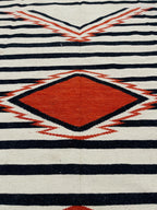 black white and orange  aztec wool  Rug - striped wool kilim,  100%wool rug , 8x10 black and cream rug,
