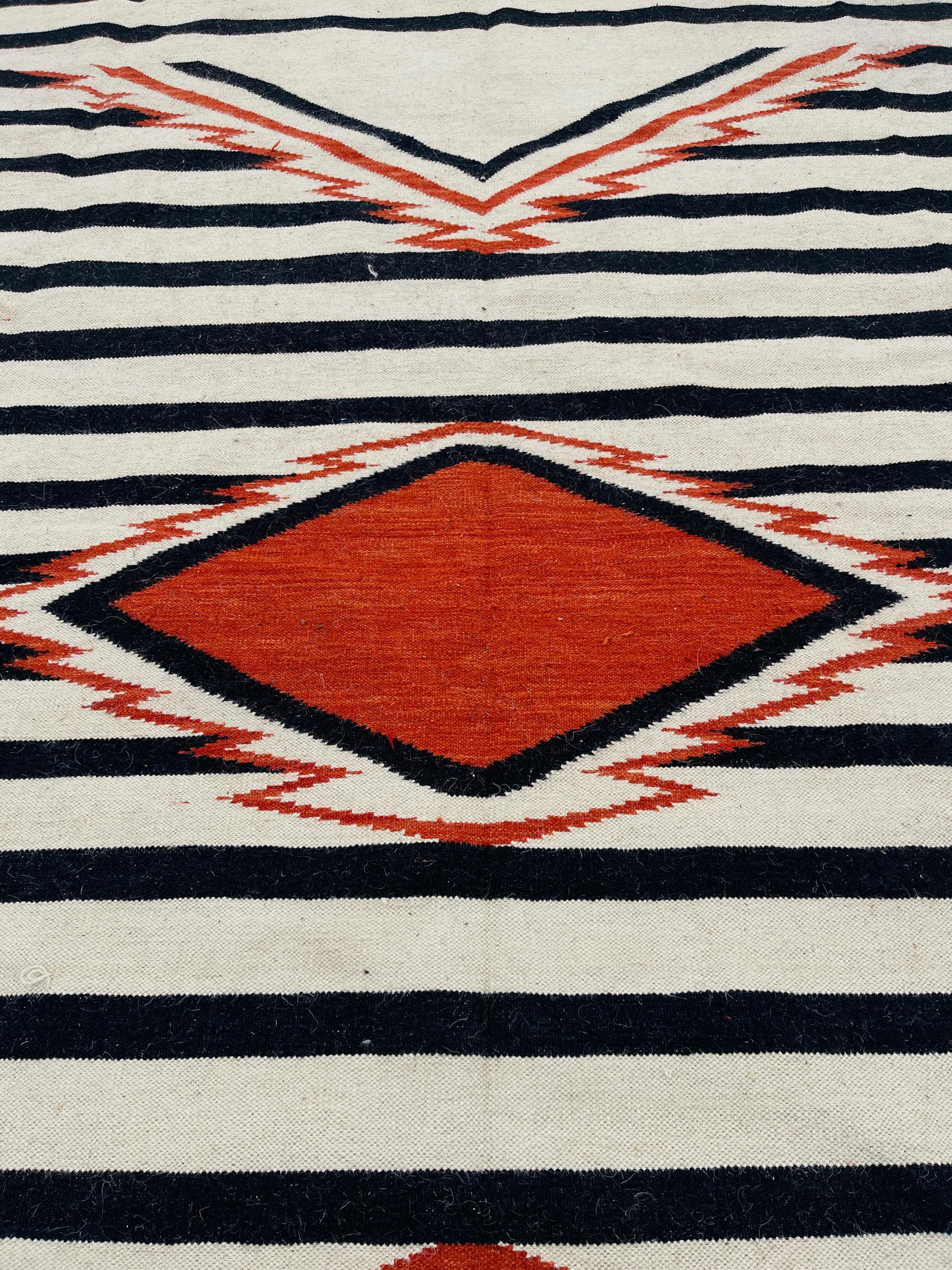 black white and orange  aztec wool  Rug - striped wool kilim,  100%wool rug , 8x10 black and cream rug,