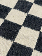 Checkered  Black Geometrical kilim rug, black and cream runner rug,