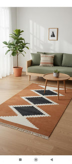 Terracotta kilim rug, brown Southwestern runner rug, Navajo wool rug, native American rug | aztec pattern rug