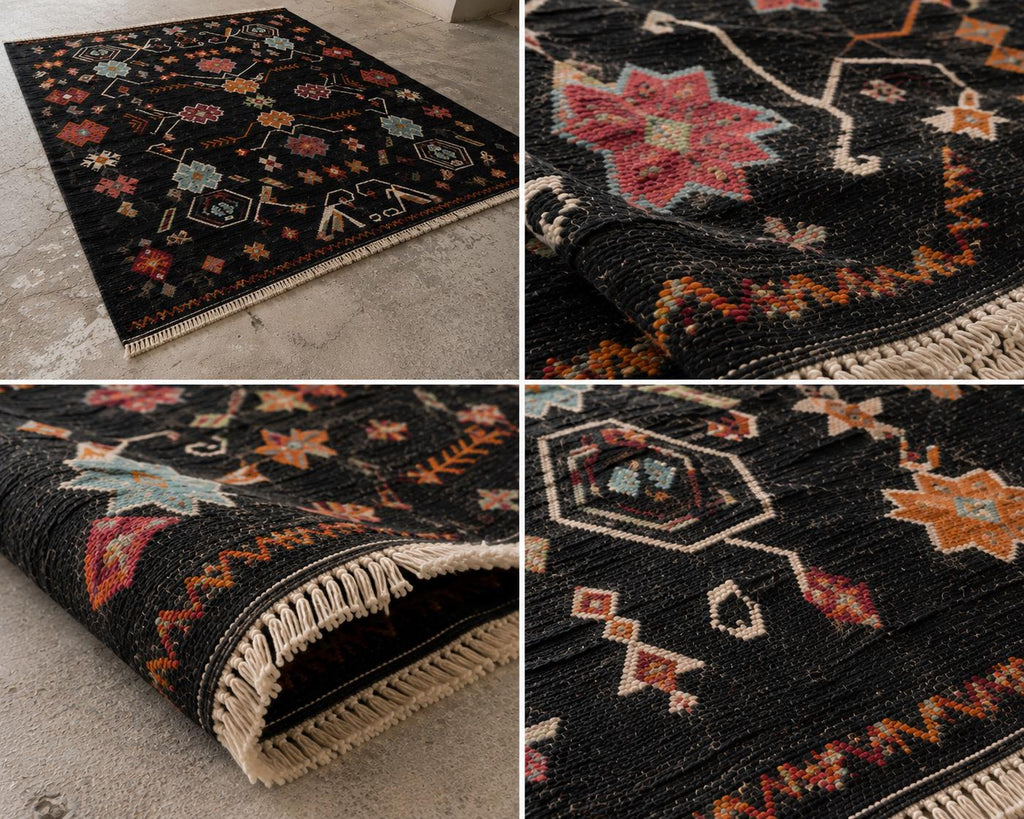 Handwoven Black Wool Kilim Rug, Reversible Flatweave Rug, Tribal Geometric Area Rug, Southwestern Kilim Carpet, Handmade Boho Decor Rug,