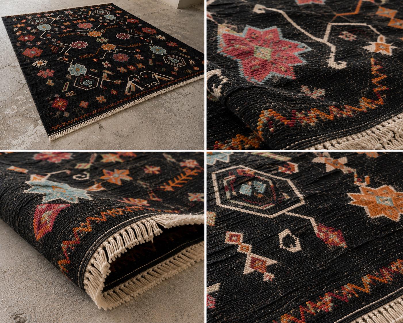 Handwoven Black Wool Kilim Rug, Reversible Flatweave Rug, Tribal Geometric Area Rug, Southwestern Kilim Carpet, Handmade Boho Decor Rug,