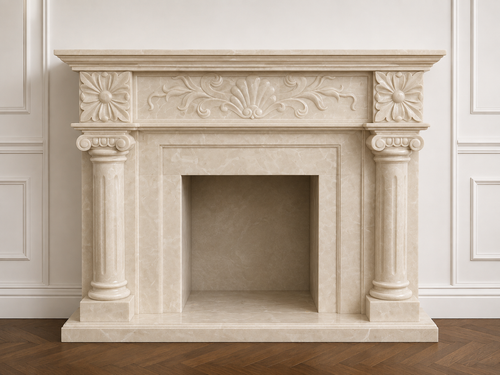 Hand-carved cream marble fireplace mantel with fluted Ionic columns