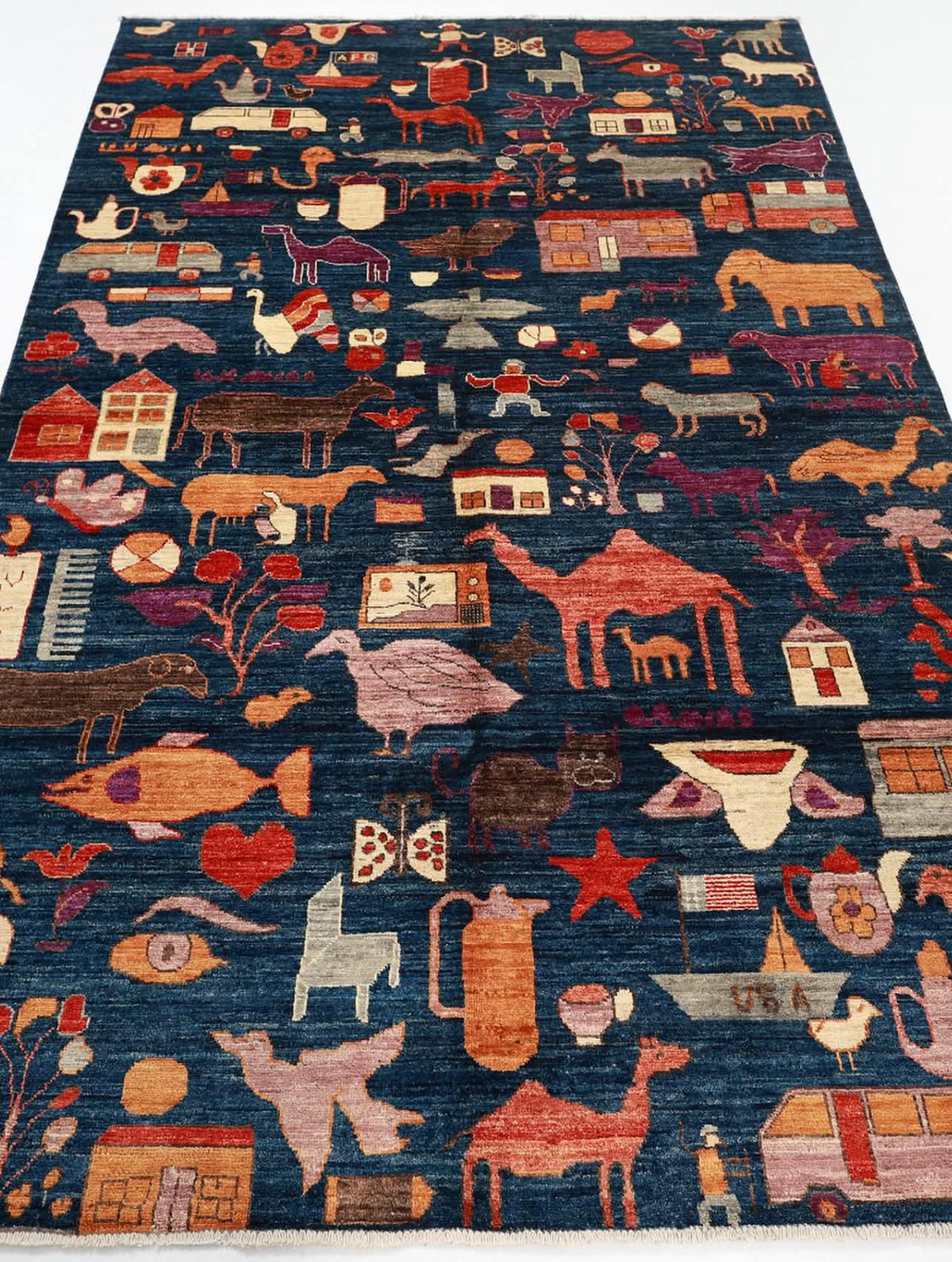 Hand-Knotted Gabbeh Wool Rug – Pictorial Nomadic Folk Art Design, Blue