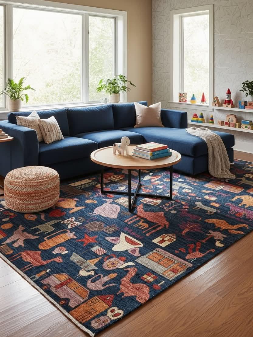 Hand-Knotted Gabbeh Wool Rug – Pictorial Nomadic Folk Art Design, Blue