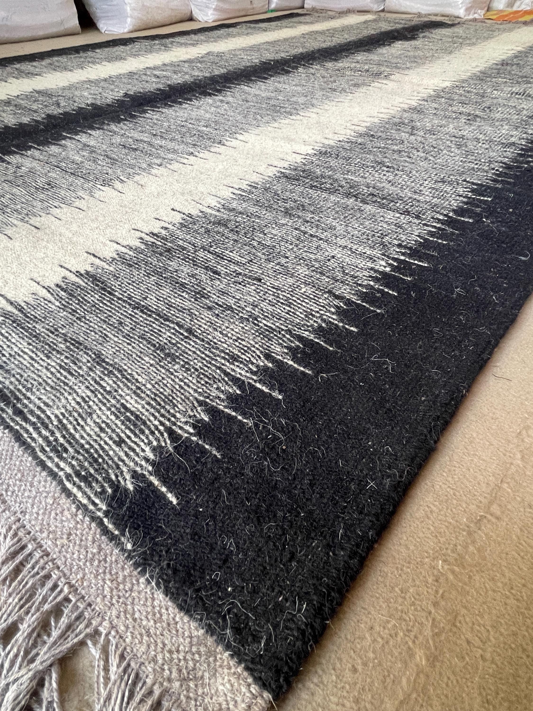 Handwoven Wool kilim: Black, Grey, and White Geometric kilim,