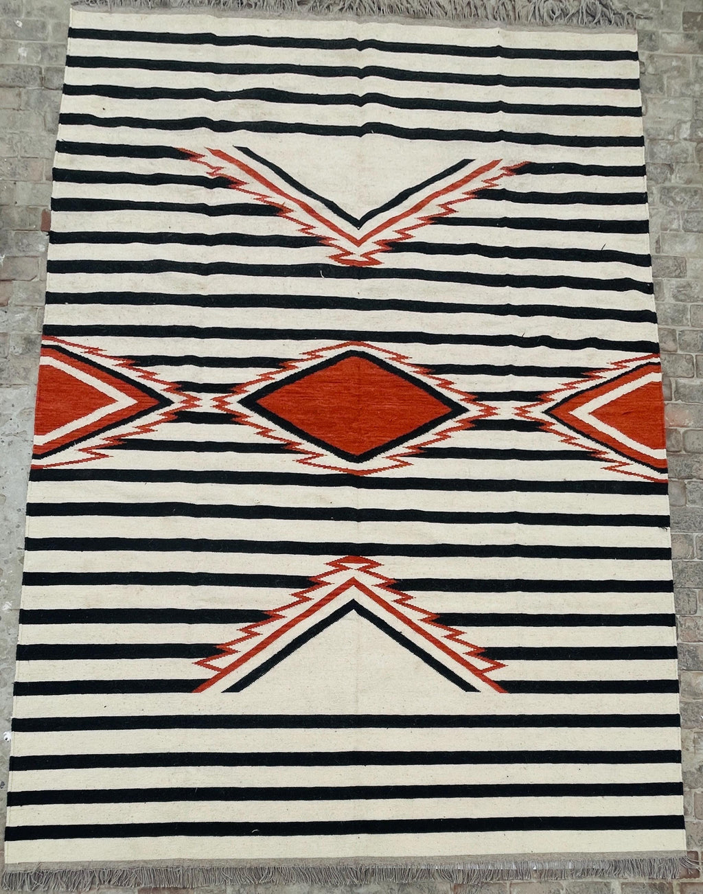 black white and orange  aztec wool  Rug - striped wool kilim,  100%wool rug , 8x10 black and cream rug,