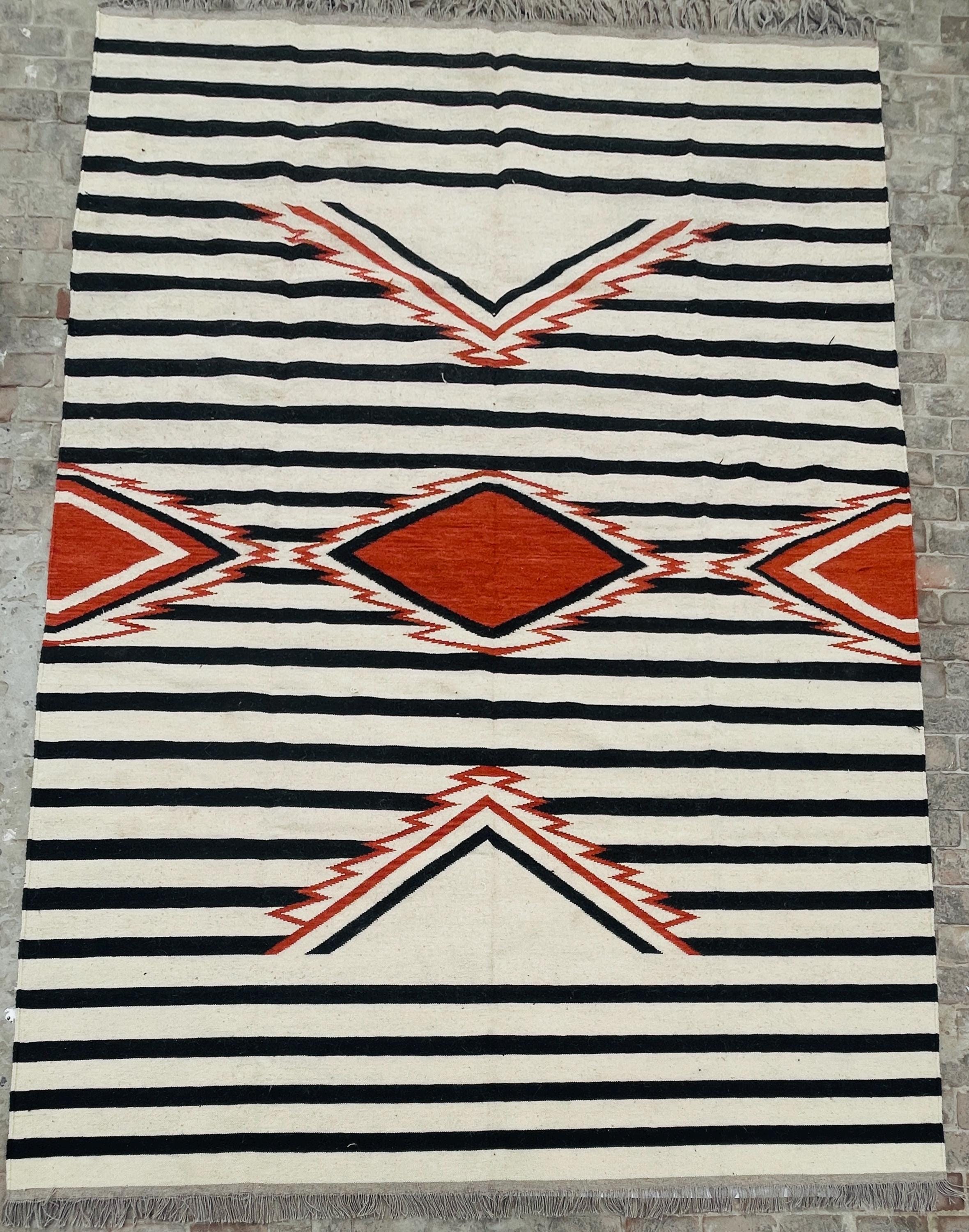black white and orange  aztec wool  Rug - striped wool kilim,  100%wool rug , 8x10 black and cream rug,