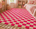 Pink and Cream checkered Handmade Moroccan Rug | Wool azilal Carpet | woolen checkered moroccan kilim, Abstract Geometric Berber Rug,