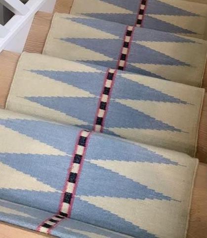 sky blue Kilim Stair Runner | Handmade Wool Stair Carpet | Blue Geometric Runner Rug