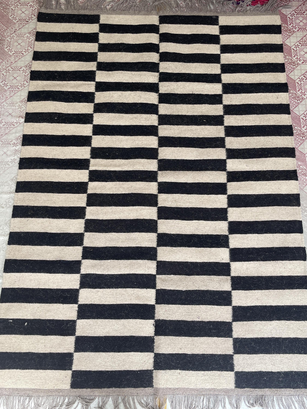 Black White Striped Rug, Scandinavian Minimalist Area Rug, Modern Kilim Carpet, Neutral Monochrome Floor Rug, Nordic Living Room Rug
