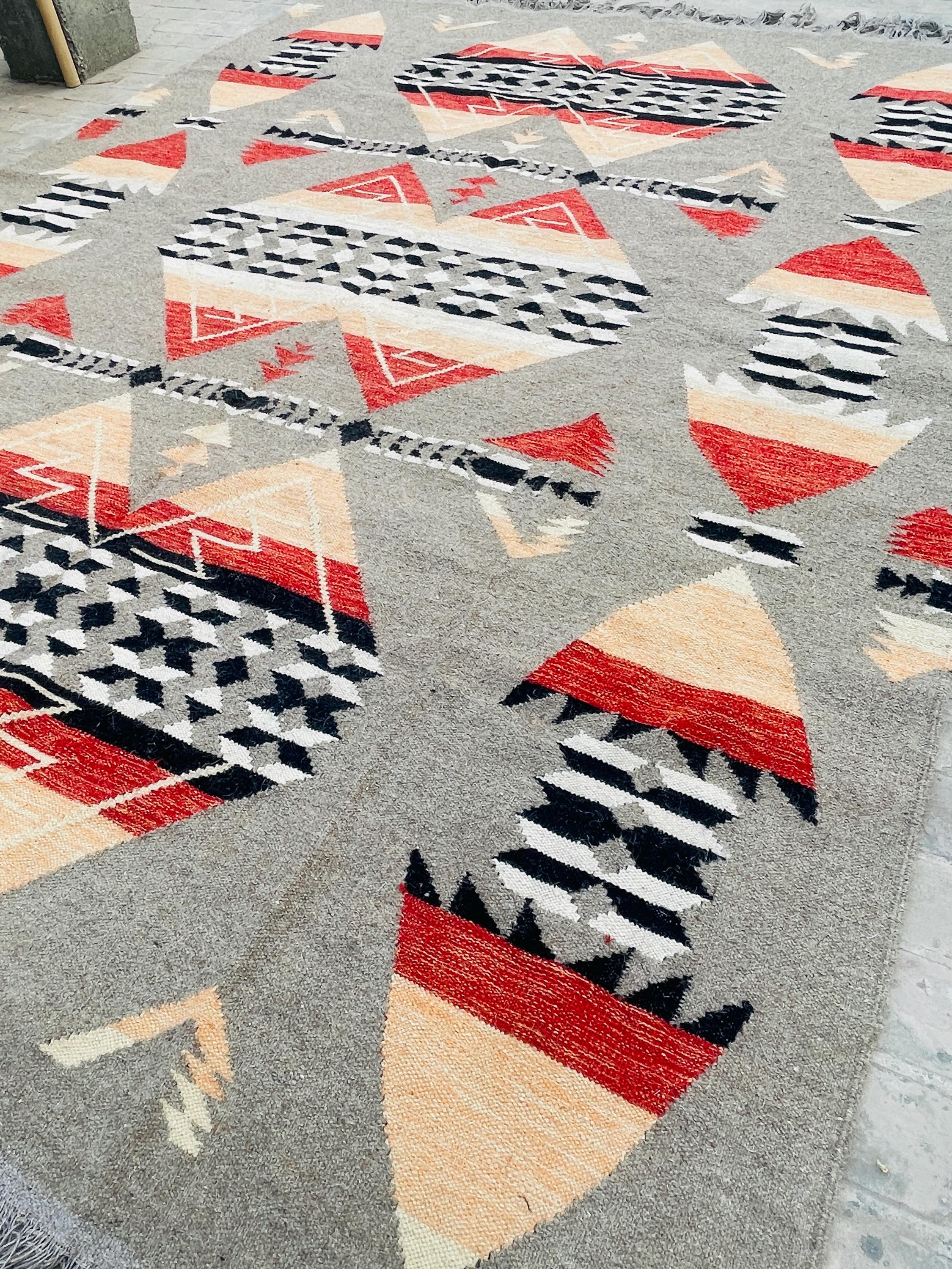 Beige and red  aztec wool  Rug, Southwestern Native American Style Rug-   wool are kilim, 8x10 grey rug,