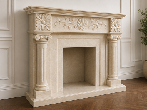 Hand-carved cream marble fireplace mantel with fluted Ionic columns – view 2
