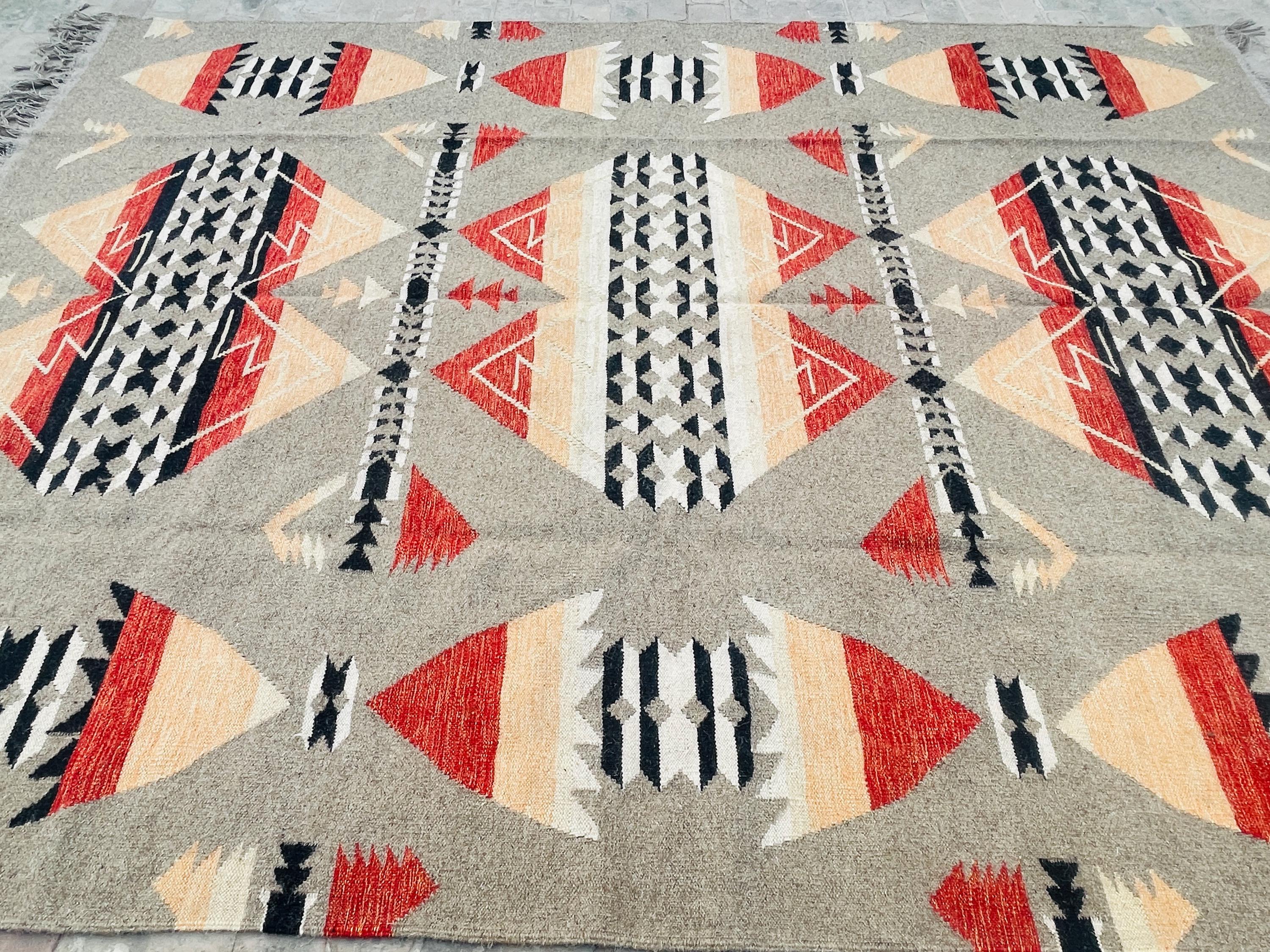 Beige and red  aztec wool  Rug, Southwestern Native American Style Rug-   wool are kilim, 8x10 grey rug,