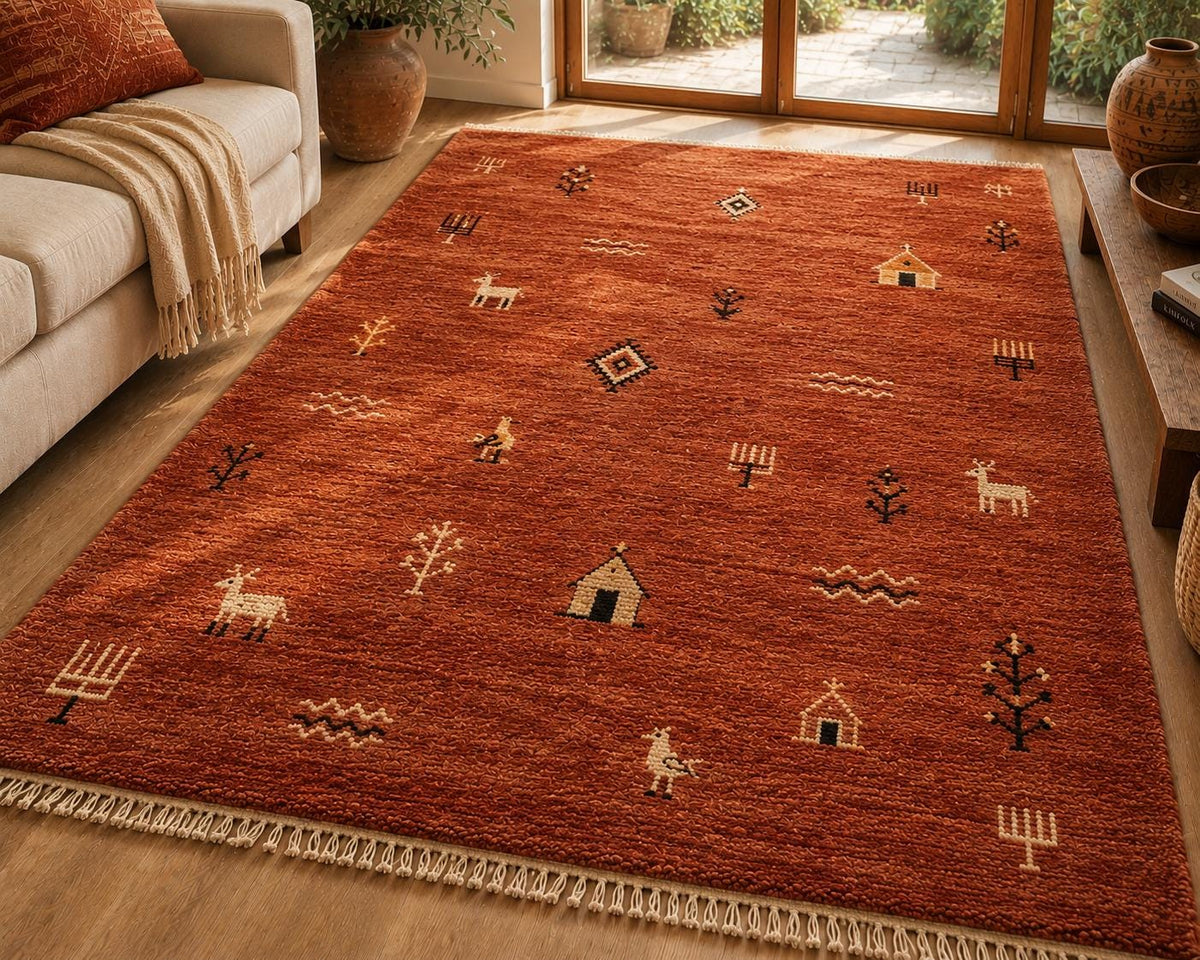 Hand-Knotted Gabbeh Wool Rug – Persian Tribal Thick Pile Rug, Terracotta/Rust