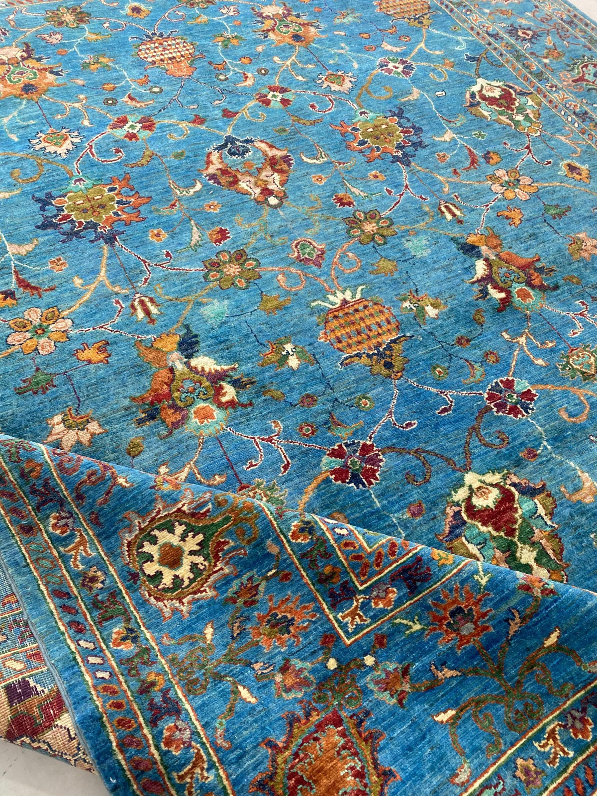 Hand-Knotted Ziegler Chobi Wool Rug – Traditional Oriental Bordered Design, Turquoise Blue