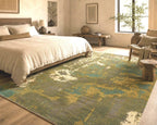 Abstract hand knotted modern wool rug,  green and yellow Modern Contemporary Statement area Rug
