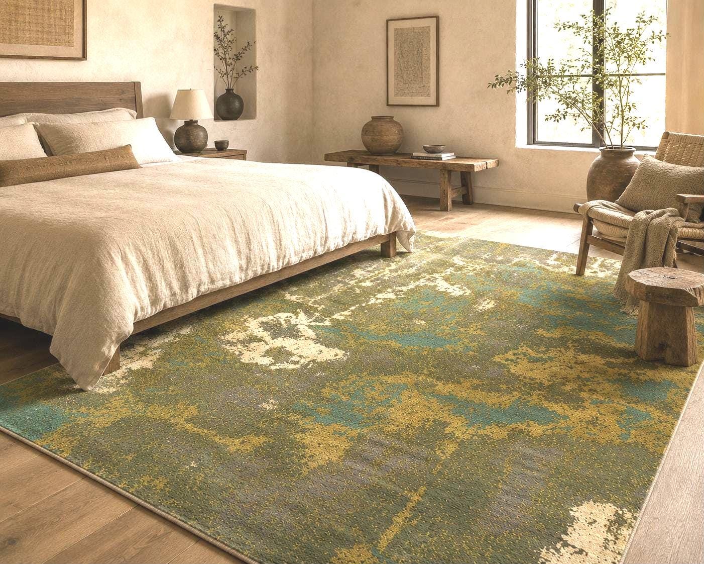 Abstract hand knotted modern wool rug,  green and yellow Modern Contemporary Statement area Rug
