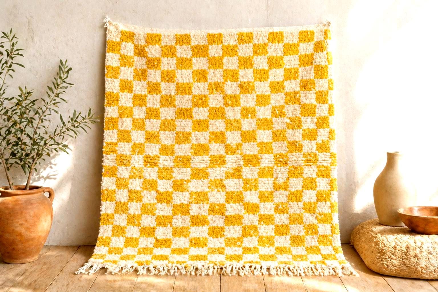 Mustard Handmade Moroccan Rug | Wool Beni Ourain Carpet | woolen checkered moroccan kilim, Abstract Geometric Berber Rug