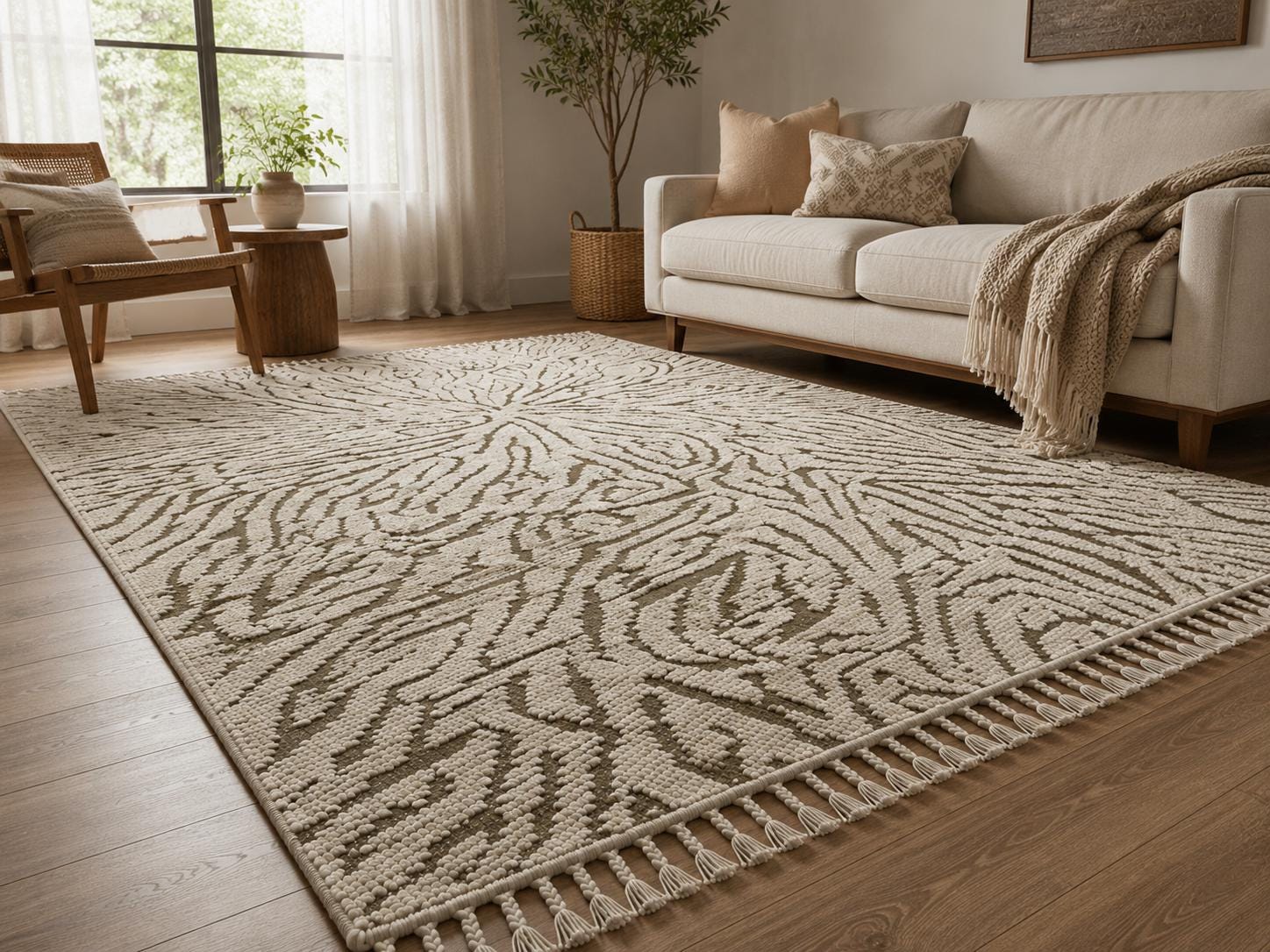Abstract hand knotted modern wool rug,  Ivory Taupe Area Rug with Braided Fringe, Modern Contemporary Statement Rug