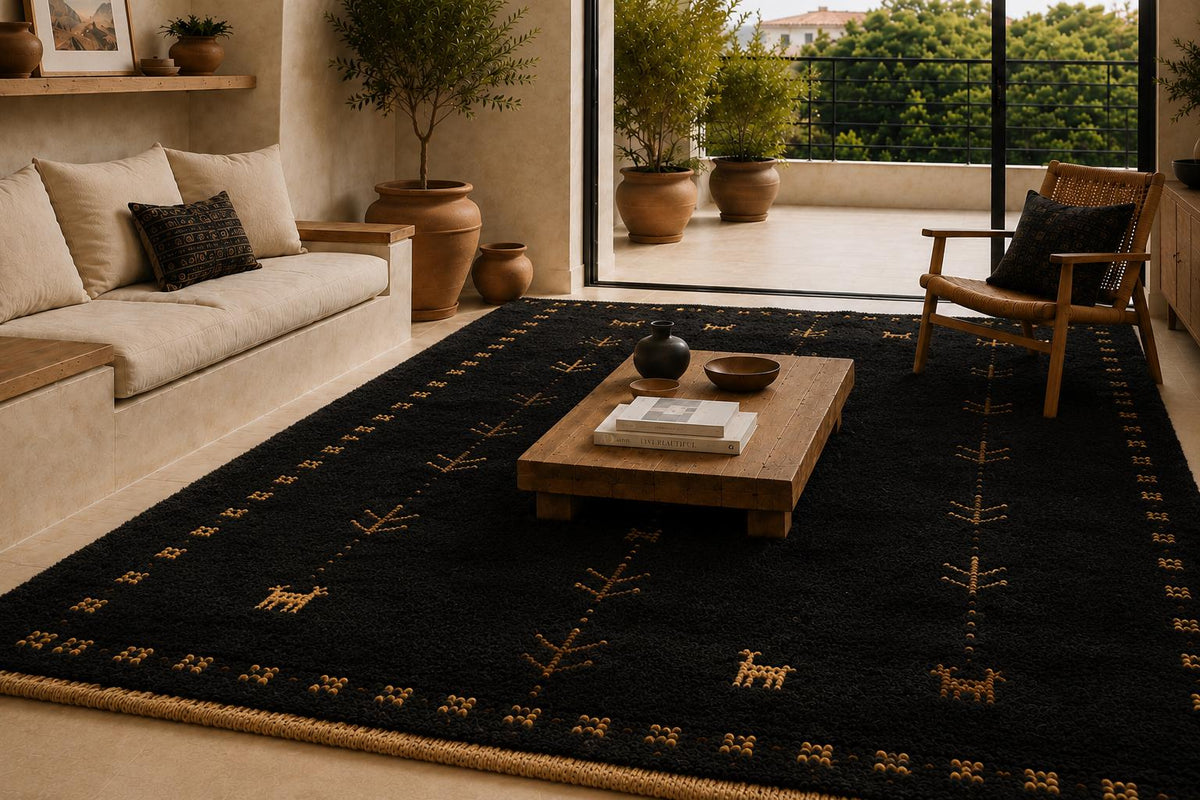 Hand-Knotted Gabbeh Wool Rug – Persian Tribal Plush Pile Rug, Black/Charcoal