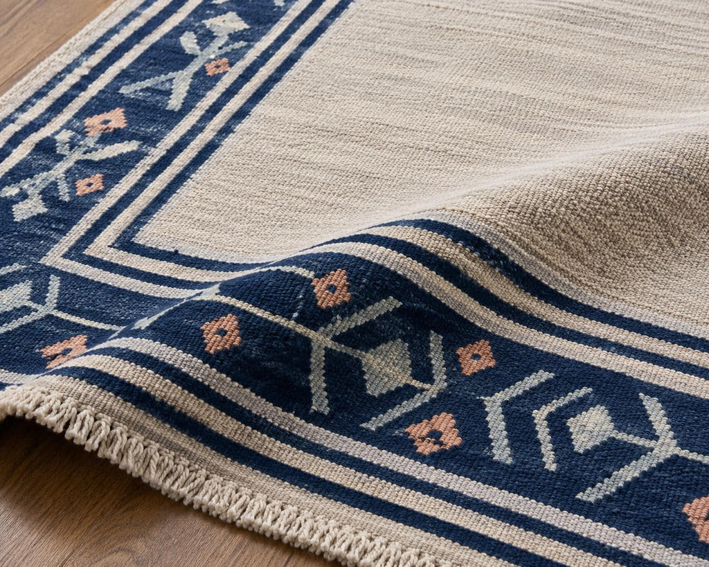 Beige and blue  Handwoven Wool Kilim Rug, blue bordered Kilim for bedroom, Rustic Boho Tribal Flatweave,